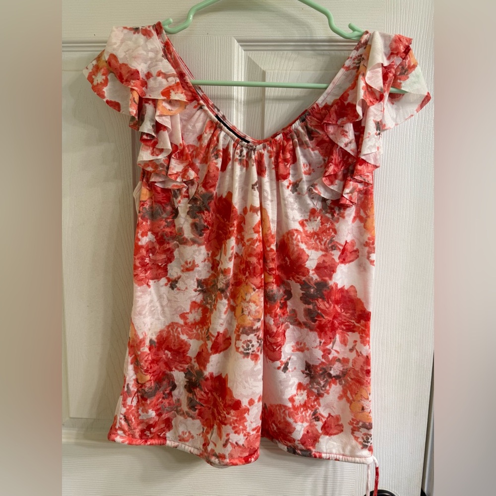 INC International Concepts Red and Pink Ruffled Cap Sleeve Blouse
